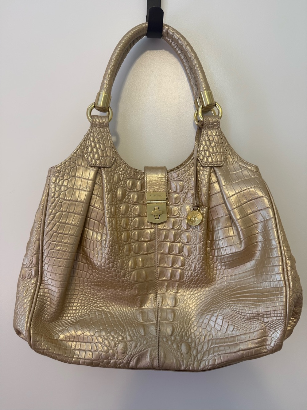 Brahmin Metallic Gold Croc-Embossed Satchel